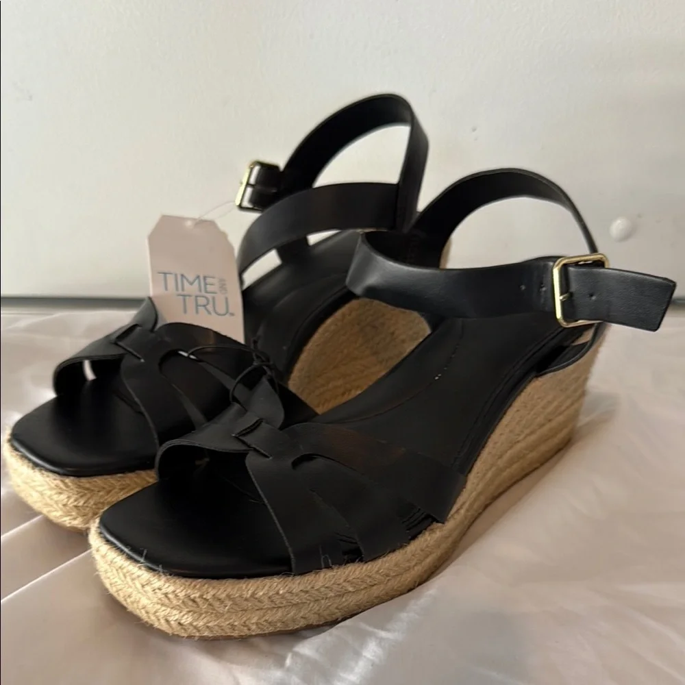 NEW! Time and Tru Black Wedge Espadrilles Sandals Size 7